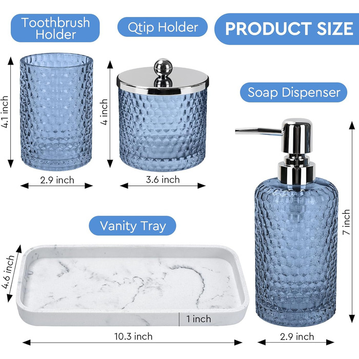 Набір аксесуарів для ванної кімнати, 4 шт., янтарне скло, органайзер для полиці, дозатор мила, тримач для зубних щіток, контейнер для ватних паличок, піднос з малюнком блакитного та білого мармуру