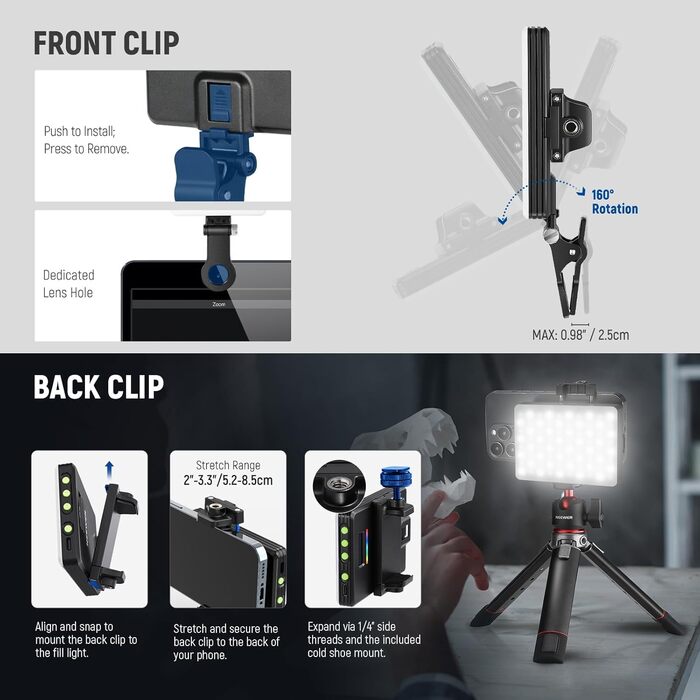 LED світло для селфі NEEWER Entry Level: clip-on, 54 LED, CRI 88, 650mAh, для iPhone, комп'ютера, вебкамери, Zoom, макіяжу