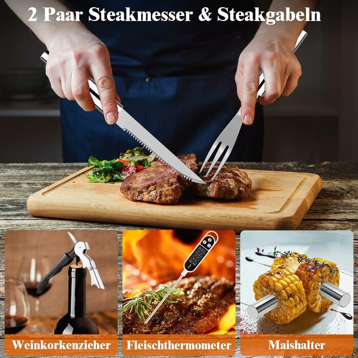 Grilliance 26-Piece Stainless Steel Grill Accessory Set - High-Quality BBQ Grill Utensil Case. Perfect Grill Tool Set for Men - Gift with Portable Storage Case and Meat Thermometer (Silver)