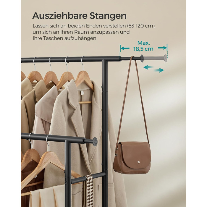 SONGMICS Clothes Rack with 2 Clothes Rods, Extendable Garment Rod, with Wheels, Coat Rack, Height Adjustable between 113 and 180 cm, Lower Rod Adjustable, LLR401R01 (Ink Black, 120D x 50W x 156H cm)