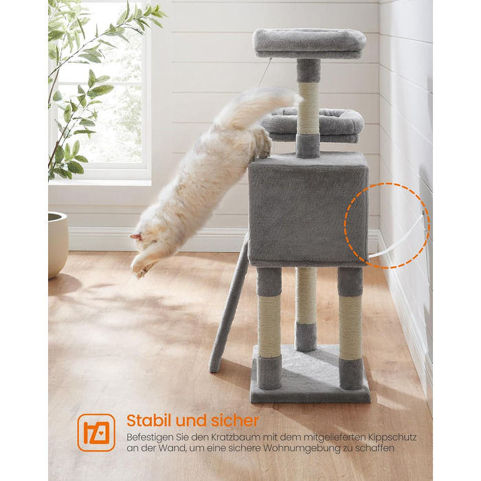 Дряпальня для котів Feandrea, кігтеточка з платформою, м'який плюш, сірий колір, 115 см, повністю обмотана сизалем, 50L x 35B x 115H см