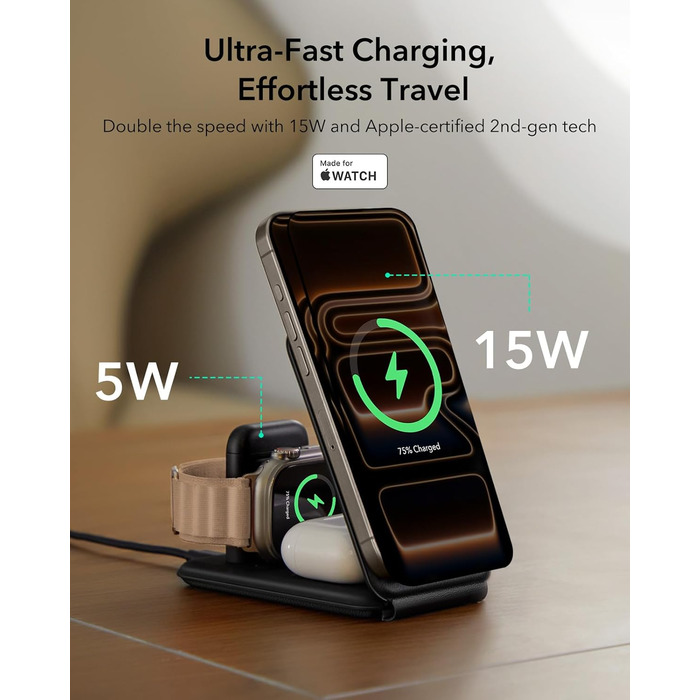 Зарядний станція 3-в-1 ESR для Apple Watch та iPhone з MagSafe, чорна (15W)