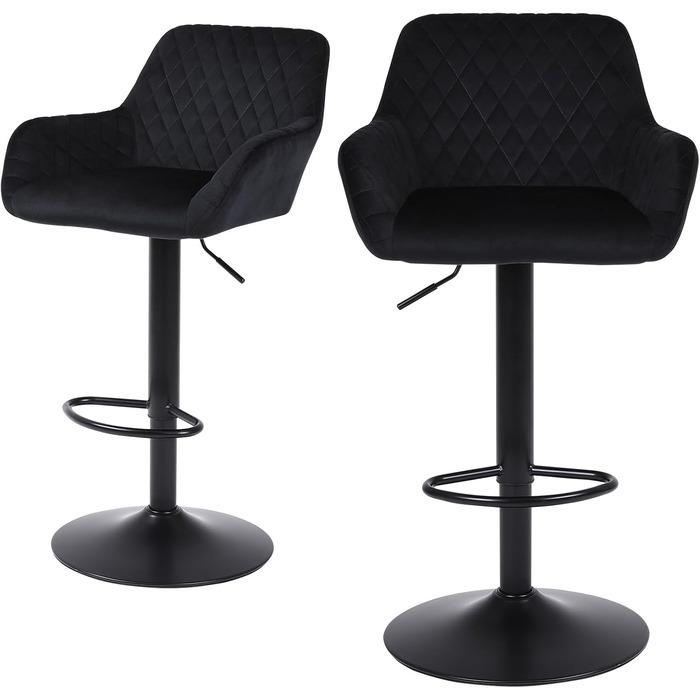 Ralex Velvet Bar Stools 2-Pack - Adjustable Swivel Bar Chairs with Backrest & Armrests for Kitchen, Bar & Counter - Black