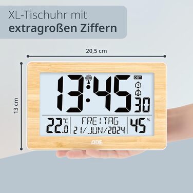 Digital XL Radio Clock with Very Large Digits | Alarm Clock with 2 Alarm Times and Backlight | Thermometer Hygrometer | Slim Frame Made of Real Bamboo