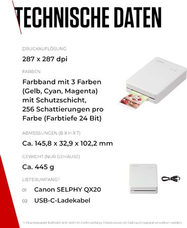 Canon Selphy QX20: Портативний принтер для друку з мобільного – бездротовий, термосублімаційний, USB-C, білий (без чорнил/паперу)