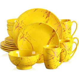 LOVECASA Набір посуду Sweet 16: 16-ти частинний сервіз з золотим декором, жовтий, для 4-12 осіб