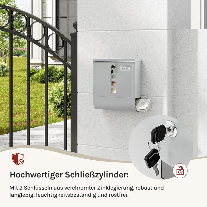 Поштовий ящик WOLTU з газетницею та оглядовим вікном, персоналізований, настінний, з замком та 2 ключами, сірий, 37x37x10.5 см