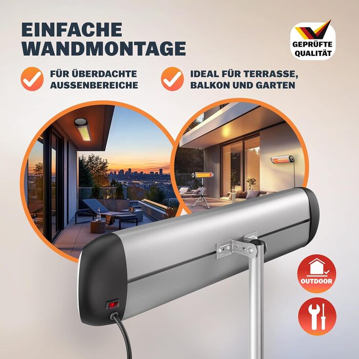 Інфрачервовий обігрівач MONZANA® MZH2501 з таймером, 2500W, 3 режими, 24 год, пульт ДУ, кут нахилу 90°, електричний, для тераси (сріблястий, з телескопічним штативом)