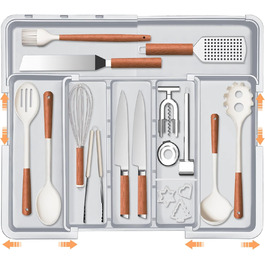 Органайзер для столових приборів ZHUlYIWIN в шухляду, розсувний, з тримачами для ножів (сірий)