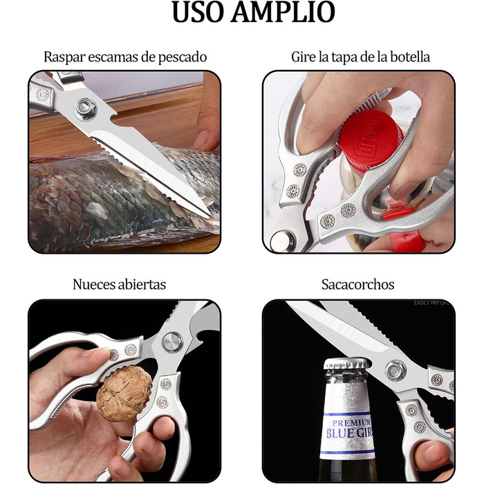 Ніж-ножиці кухонні з нержавіючої сталі, універсальні, з відкривачем для пляшок, для птиці, риби, м'яса, зелені, горіхів, миються в посудомийній машині, сріблясті