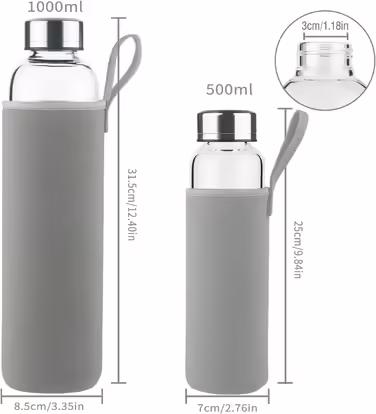 Glass Drinking Bottle, Sport Borosilicate Glass Water Bottle with Neoprene Sleeve with Leak-Proof Stainless Steel Lid 500 ml / 1000 ml / 1 Liter