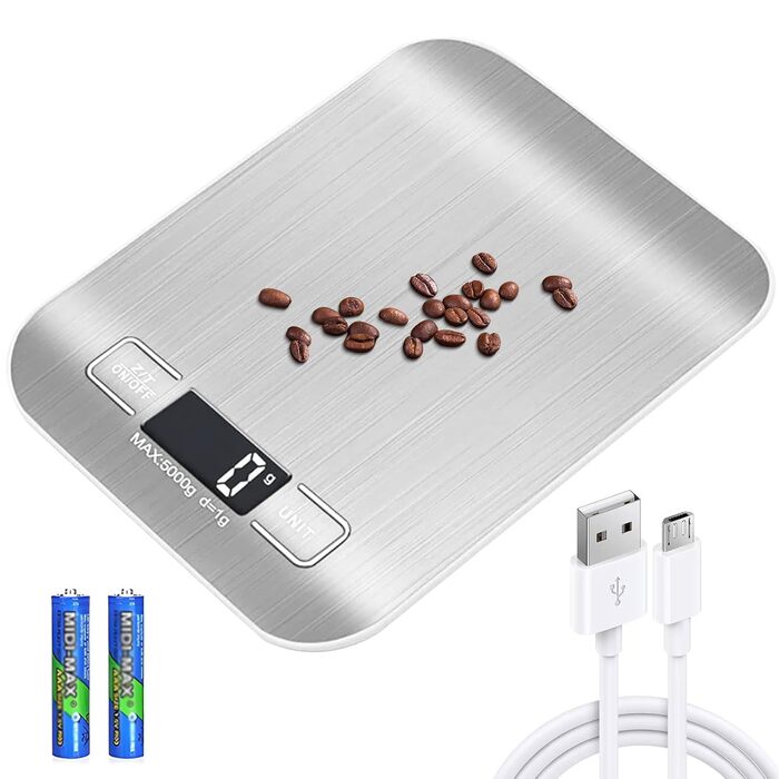 Цифрова кухонна вага, 10 кг/1 г, USB, перезарядна, з LCD дисплеєм та функцією тарування. Професійна кухонна вага, металевий білий колір.