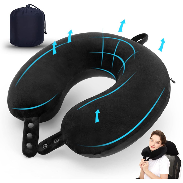 Подушка для шиї TALLGO з піною з пам'яті: м'яка, регульована подушка для подорожей літаком, автомобілем та додому (Чорний)