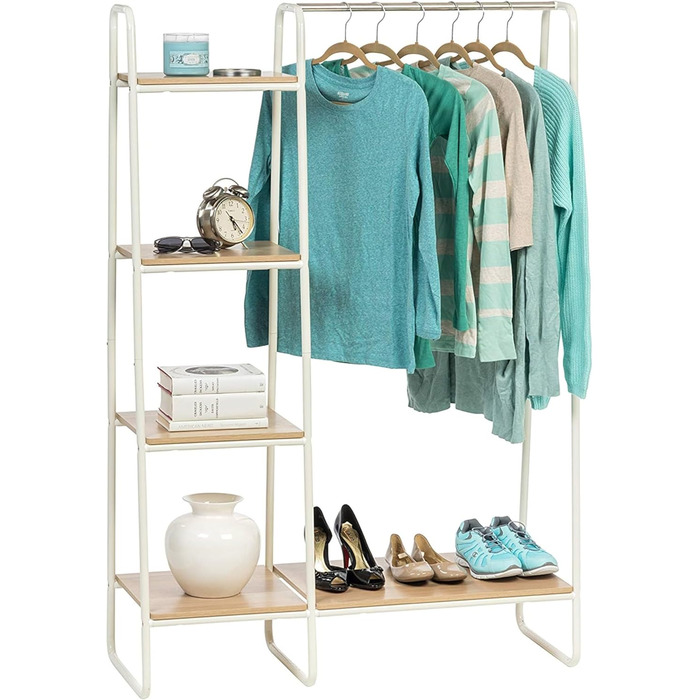 Iris Ohyama Clothes Rack with Wooden Shelves, 4 Levels, White, Modern Design, Robust Frame, Non-Slip, For Bedroom, Studio, Closet, Clothes & Shoes, Laundry Rack, Easy Assembly