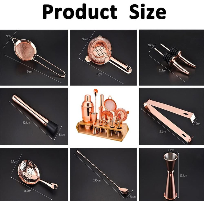 Набір для коктейлів Hansum, 18 предметів, нержавіюча сталь, рожеве золото, з дерев'яною підставкою для бармена