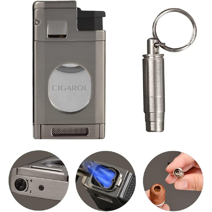 Чохол для сигар з шкіри, вологомір та запальничка 3-в-1, портативний, на 6 сигар, плоский різак, аксесуари, подарунок (чорний)