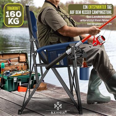 Крісло для кемпінгу KESSER® з високою спинкою, 160 кг, з підлокітниками, тримачем для напоїв та світлом, Navy Blue/Black