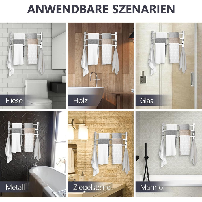 Тримач для рушників без свердління для ванної кімнати | Без бактерій | Прихований кріплення | Тримач рушників з гачками - нержавіюча сталь SUS 304, нержавіюча сталь, полірована | з дзеркальним покриттям