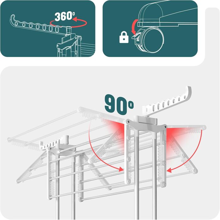 Внішній та внутрішній сушильний стелаж для білизни Vounot® з 4 ярусами, 125x62x173 см, з колесами та розкладними крилами