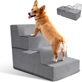 Dog stairs, dog ramp, non-slip dog stairs 5 steps, washable dog bed ramp, pet stairs made of high-density sponge, for injured & older dogs, cats (pet stairs 4 steps, gray)