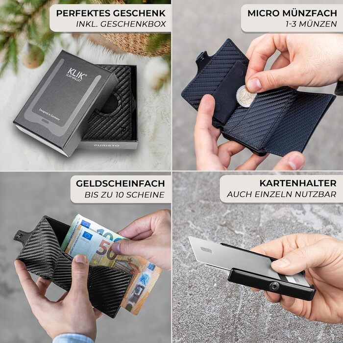 PURISTO KLIK: Тонкий міні-портмоне для чоловіків з натуральної шкіри з RFID захистом - 12 карт, без відділу для монет (Carbon)