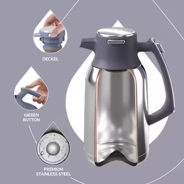 IDEUS Coffee Pot, Double-Walled Vacuum Insulation Insulated Carafe, 2 Liter, Stainless Steel, Thermos Keeps Drinks Hot for 12 Hours, Pot for 15-20 Cups, Silver