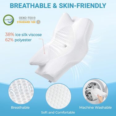 Ортопедична подушка Elviros для шиї з Memory Foam, 54x11/9x33 см, срібно-сіра. Підтримка шиї та плечей, знімний чохол, ергономічна форма.