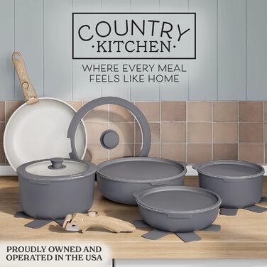 Набір посуду Country Kitchen 16 предметів з керамічним антипригарним покриттям, дерев'яні ручки, для дому та кемпінгу, придатний для духовки (кремовий/сіро-бежевий)