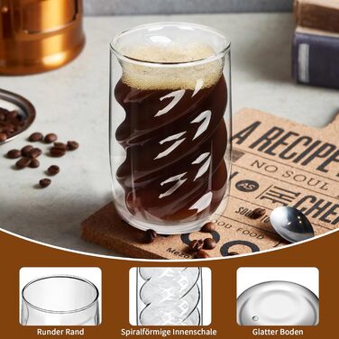 SILRIVES Latte Macchiato Glasses Double-Walled 350ml Set of 4 with 4 Spoons, Borosilicate Glass Coffee Glasses, Insulating, Espresso Cups, Cappuccino Glasses, Iced Coffee, Tea Glasses, Thermos Glasses