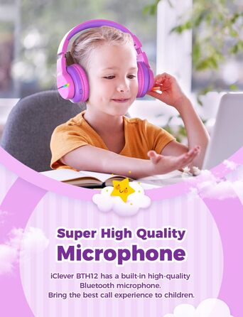 iClever Бездротові навушники для дітей з LED-підсвіткою, Over-Ear, Bluetooth 5.2, мікрофон, BTH12 Рожевий/Фіолетовий