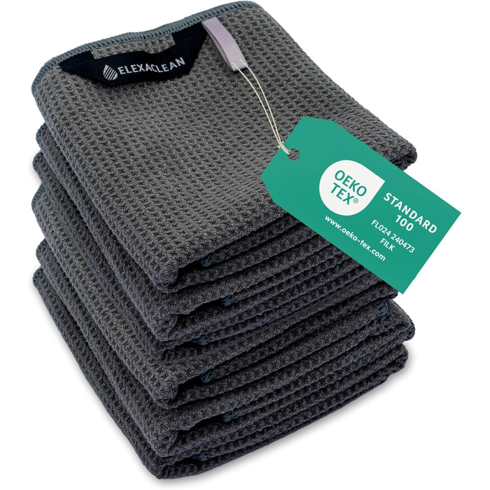 ELEXACLEAN Dishcloths (Set of 6, 68x42 cm, anthracite/dark grey) soft microfiber dish towels, waffle towels for the kitchen