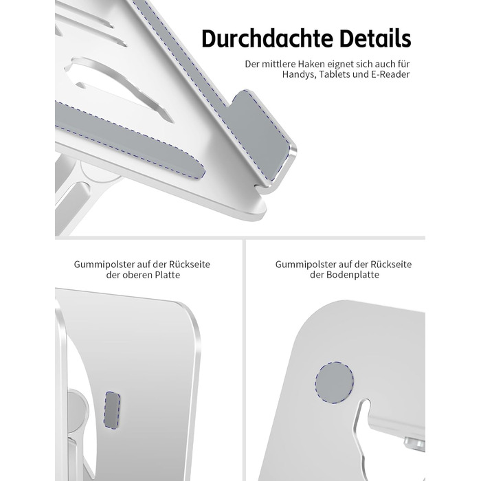 Підставка для ноутбука Ergonomic з алюмінію, регульована по висоті та складна, стабільна та з неслизьким покриттям, покращена вентиляція, сумісна з MacBook (до 15,6 дюймів), срібна