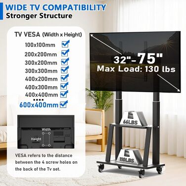 Мобільна підставка для телевізора з колесами, регульована по висоті, VESA 900x600, до 75 дюймів