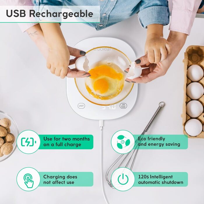 Кухонні ваги Arboleaf Digital з App, 10kg/0.5g, Bluetooth, підрахунок калорій, USB-зарядка, скло, функція тарування (білий)