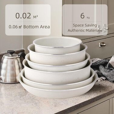 Набір посуду RIOVARM з індукційним дном: каструлі та сковороди з антипригарним гранітним покриттям та знімними ручками, кришки з силікону, бежевий колір