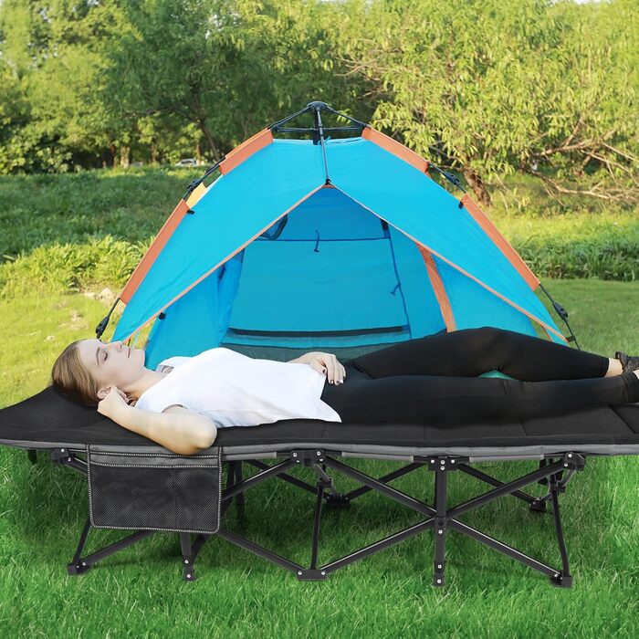 Кемпінгове ліжко REDCAMP XL з матрацом для дорослих, 226 кг, широке, розкладне, для відпочинку на природі, для гостей, для офісу, чорне