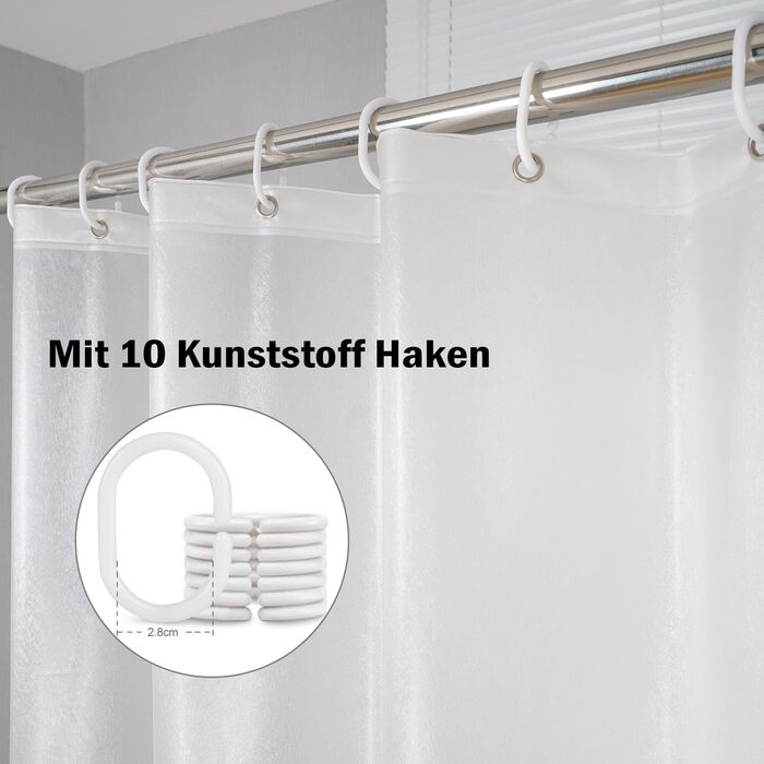 Шторка для душу AooHome 180x200 см, прозора, біла, з магнітами та гачками, вологостійка, антигрибкова