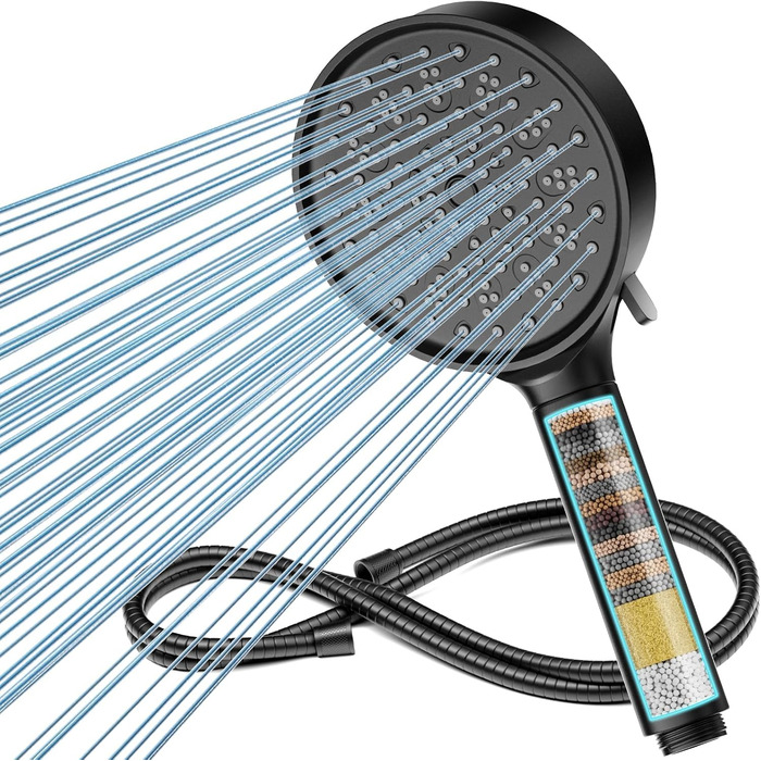 Фільтр для душу Cobbe з шлангом, душова лійка високого тиску з 6 режимами, економна душова лійка з шлангом, ручна лійка з фільтром від накипу для жорсткої води, хлору, чорного кольору