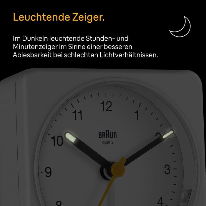 Braun Classic Analog Alarm Clock with Snooze Function and Light, Silent Quartz Movement, Crescendo Alarm, White Model BC03W
