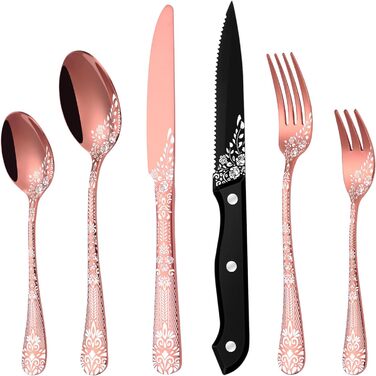 Набір столових приборів на 6 осіб HONKKU з нержавіючої сталі, з ножами для стейку, миючий посуду, 36 предметів, рожеве золото, з квітковим візерунком