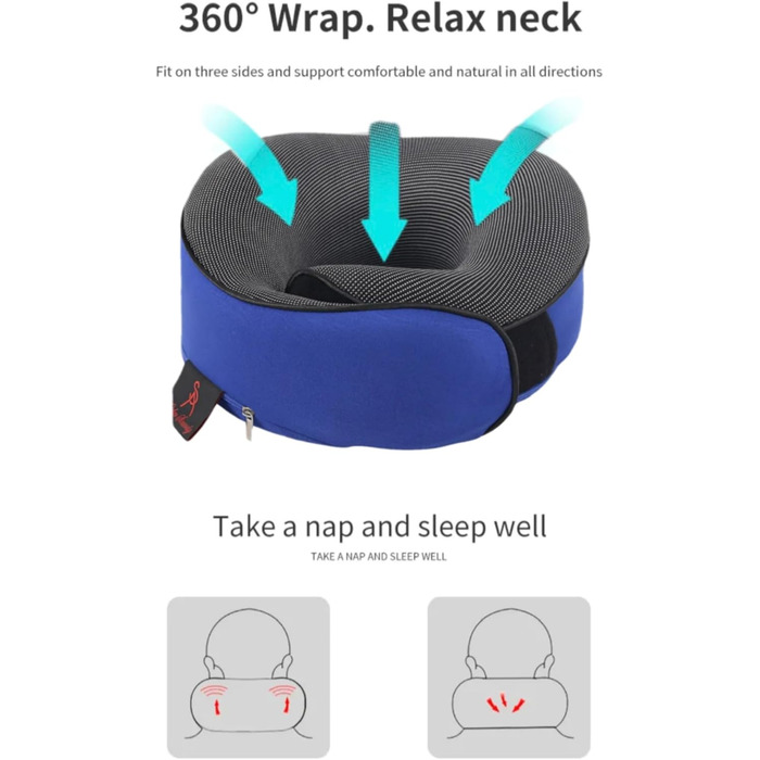 Подушка для шиї у літак, Memory Foam, доросла, регульована, компактна, ергономічна, сіра (блакитна)