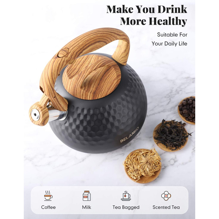 Чайник BELANKO Teekessel 2.7л з свистком, з дерев'яною ручкою, з нержавіючої сталі, чорний матовий, для плити, індукції, діамантовим дизайном