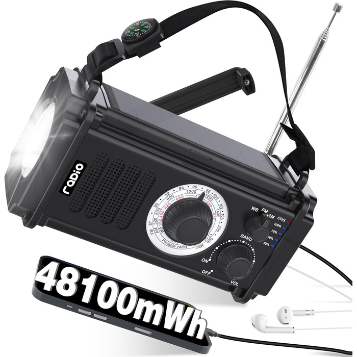 Радіо на сонячній енергії та з ручним крученням 13000mAh, AM/FM/SW, USB-зарядка, ліхтарик 800LM, компас, SOS-сигнал, чорний