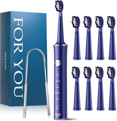 Електрична звукова зубна щітка JTF з очищувачем язика, 8 насадок, 5 режимів, Smart Memory, таймер 2 хв, IPX7, бездротова зарядка, для дорослих (блакитна) + очищувач язика