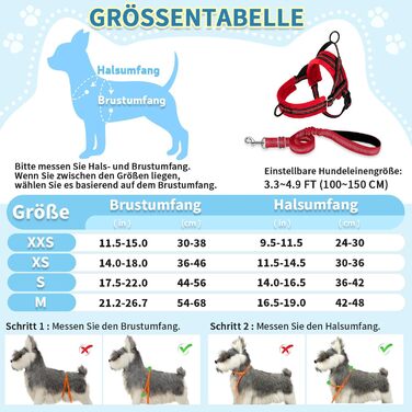Нашийник для собак середнього та малого розміру з повідком, м'який, не тягне, з 2 кліпсами для повідка, легкий, світловідбиваючий, регульований (Червоний, XS)