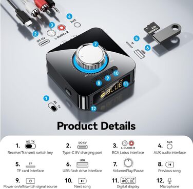 Bluetooth аудіоприймач GlasFlength: HiFi стереосистема з низькою затримкою, Aux 3.5mm RCA, для TV/Лауншпекерів/ПК