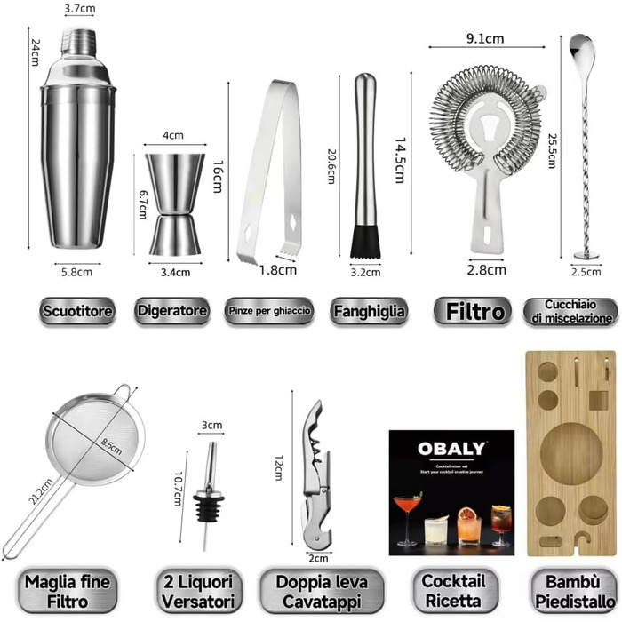 Набір бармена OBALY Barkeeper Kit: шейкер, мадлер, аксесуари для коктейлів (25oz) з бамбуковою підставкою. З рецептами коктейлів. Сріблястий колір