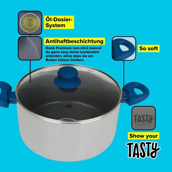 Каструля з антипригарним покриттям Tasty з кришкою з термостійкого скла та дозатором олії, 20 см, 3500 мл, алюміній, для всіх типів плит (вкл. індукція), придатна для миття в посудомийній машині
