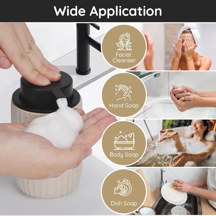 Диспенсер для мила керамічний Segbeauty Schaumseifenspender 320 мл, набір 2 шт., піноутворювач для гелю для душу, шампуню, багаторазовий, для ванної кімнати та кухні (Бежево-Чорний)