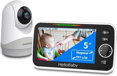 Відеоняня HelloBaby з камерою та аудіо, 5-дюймовий екран, акумулятор 3500 mAh, дистанційне керування, двосторонній зв'язок, ECO-режим, авто-нічне бачення, радіус дії до 292 м, HB6250